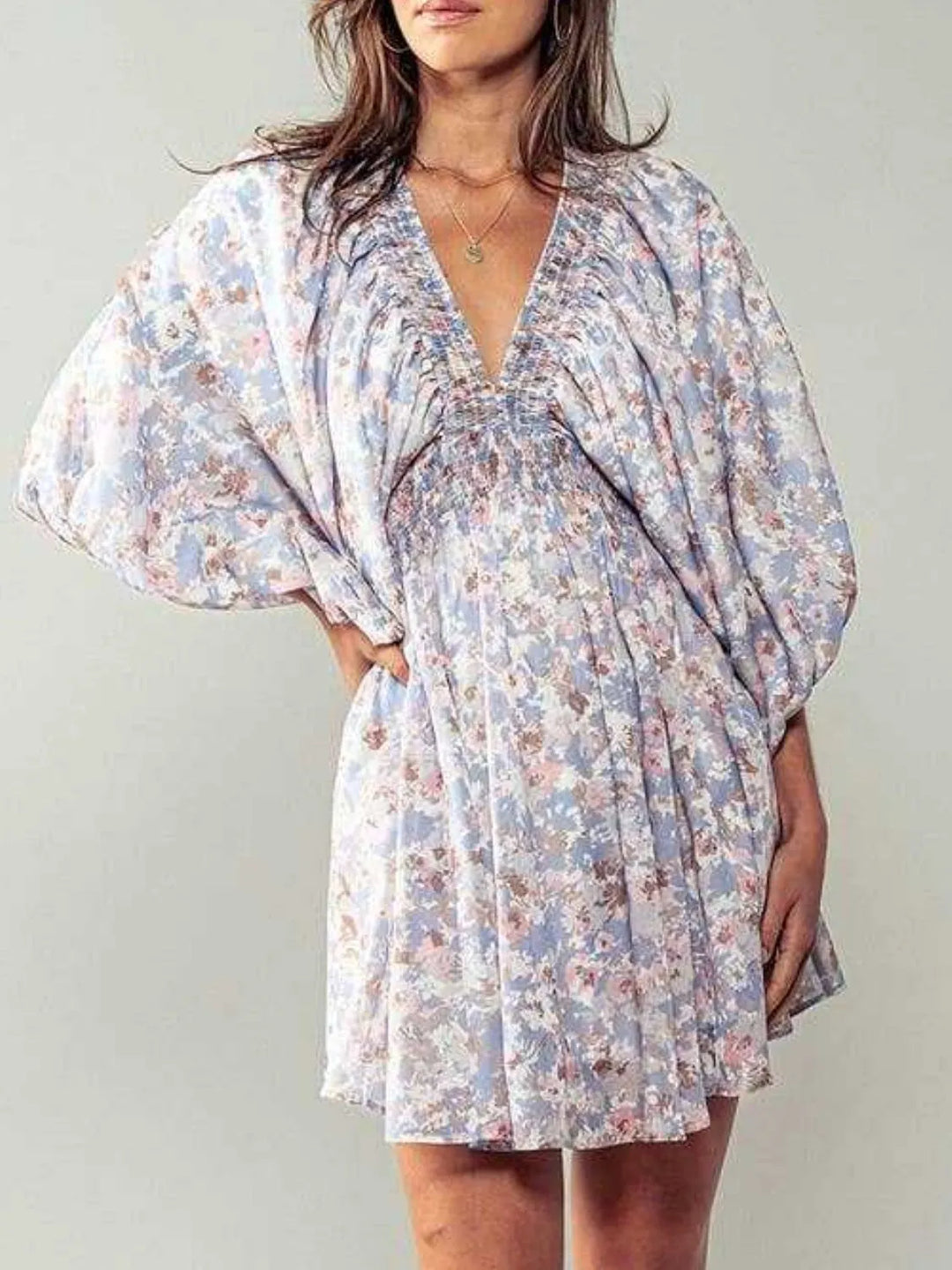 Floral V-Neck Balloon Sleeve Dress