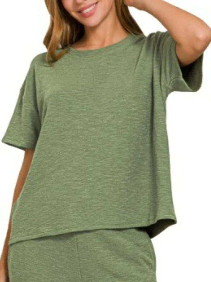 Zenana Slub Short Sleeve T-Shirt and Pants Set