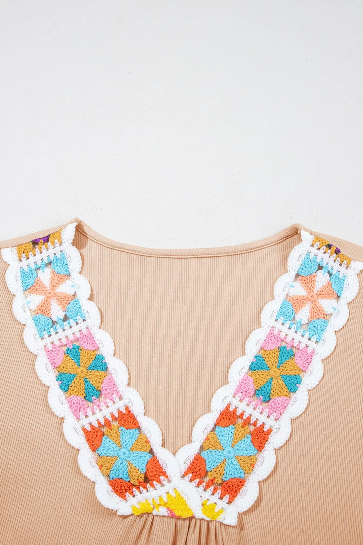 Floral Crochet V Neck Short Sleeve Blouse