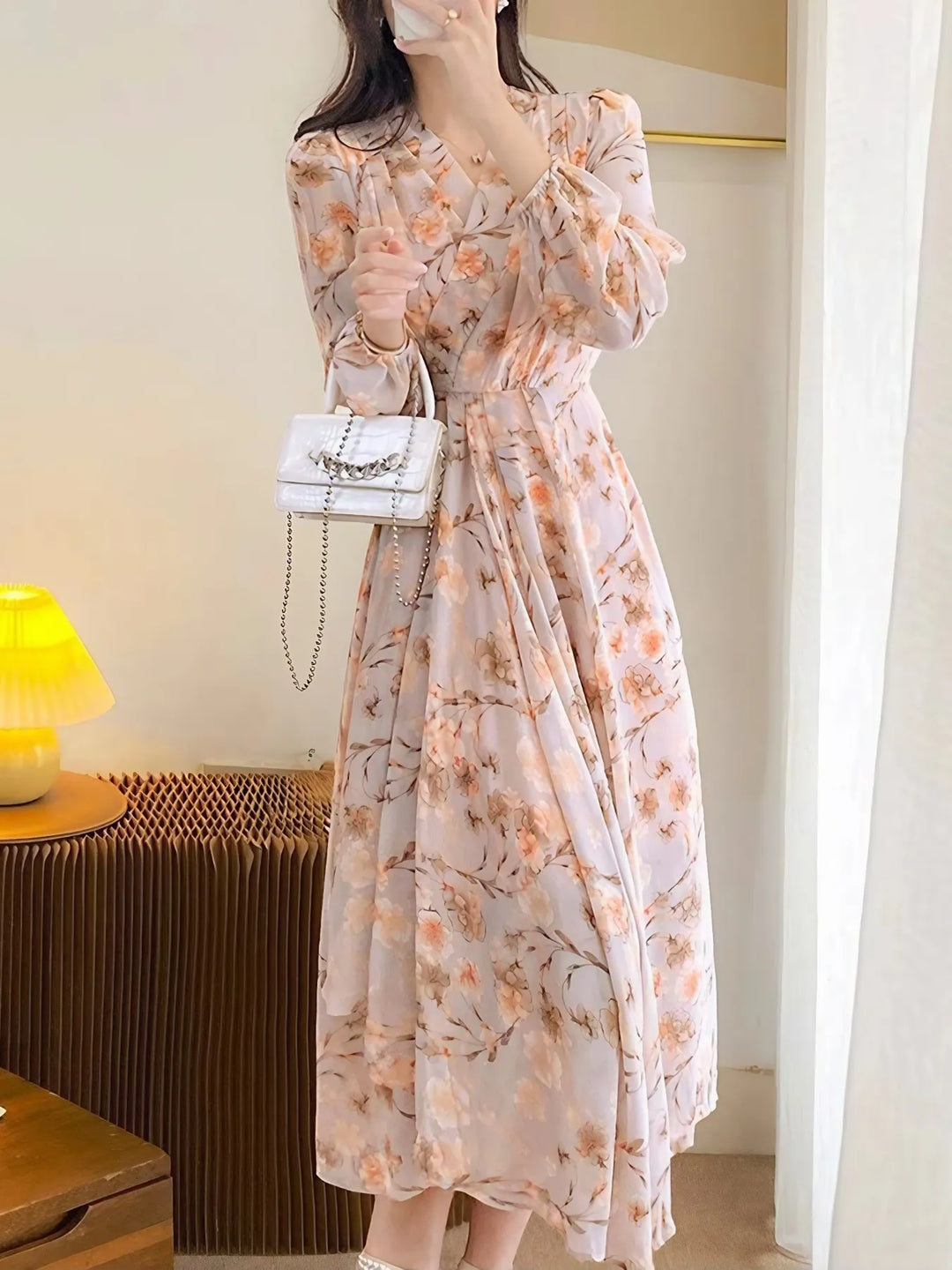 Floral Print Long Sleeve Midi Dress