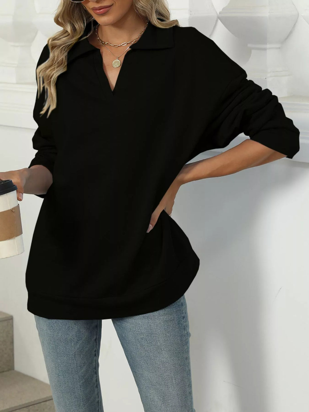 Johnny Collar Drop Shoulder Long Sleeve Sweatshirt