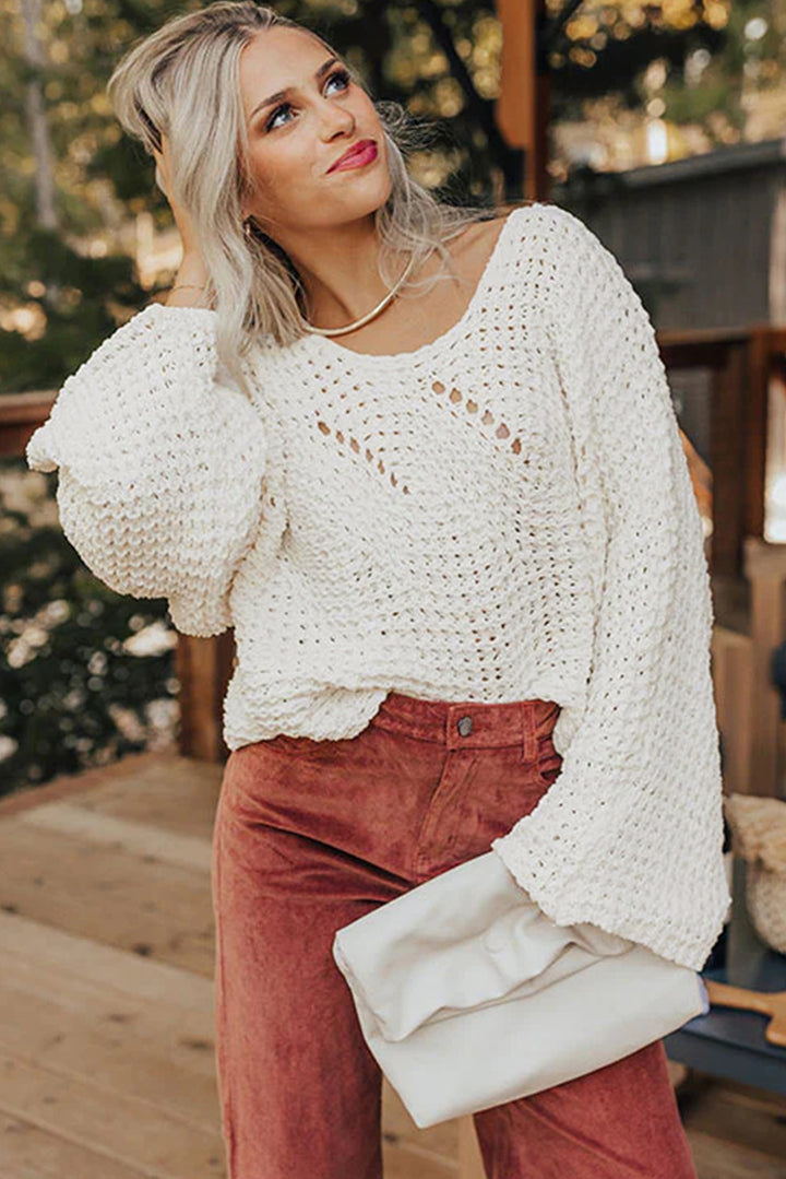 White Hollowed Detail Wide Sleeve Loose Pullover Sweater