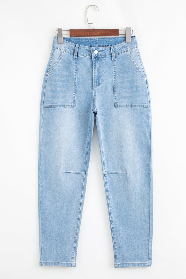 Beau Blue High Rise Barrel Relaxed Patch Pocket Jeans