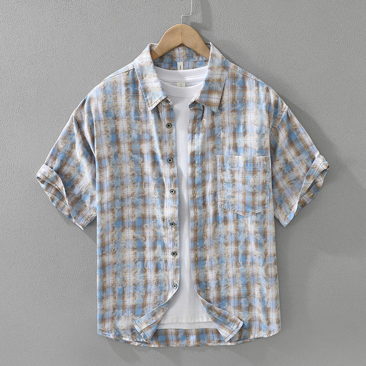 Mens Fashionable Plaid Short-Sleeve Shirt
