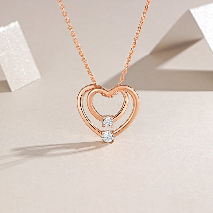 S925 Sterling Silver Rose Gold Double Heart Necklace, D-VVS1 Moissanite Pendant, 40&455cm Adjustable Chain, Women's Jewelry Gift Box With GRA Certificate