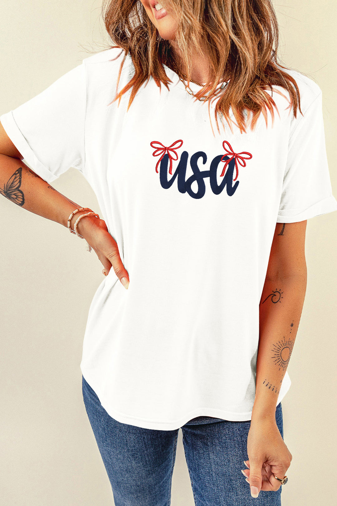 White USA Lettering Bow Embroidered T Shirt