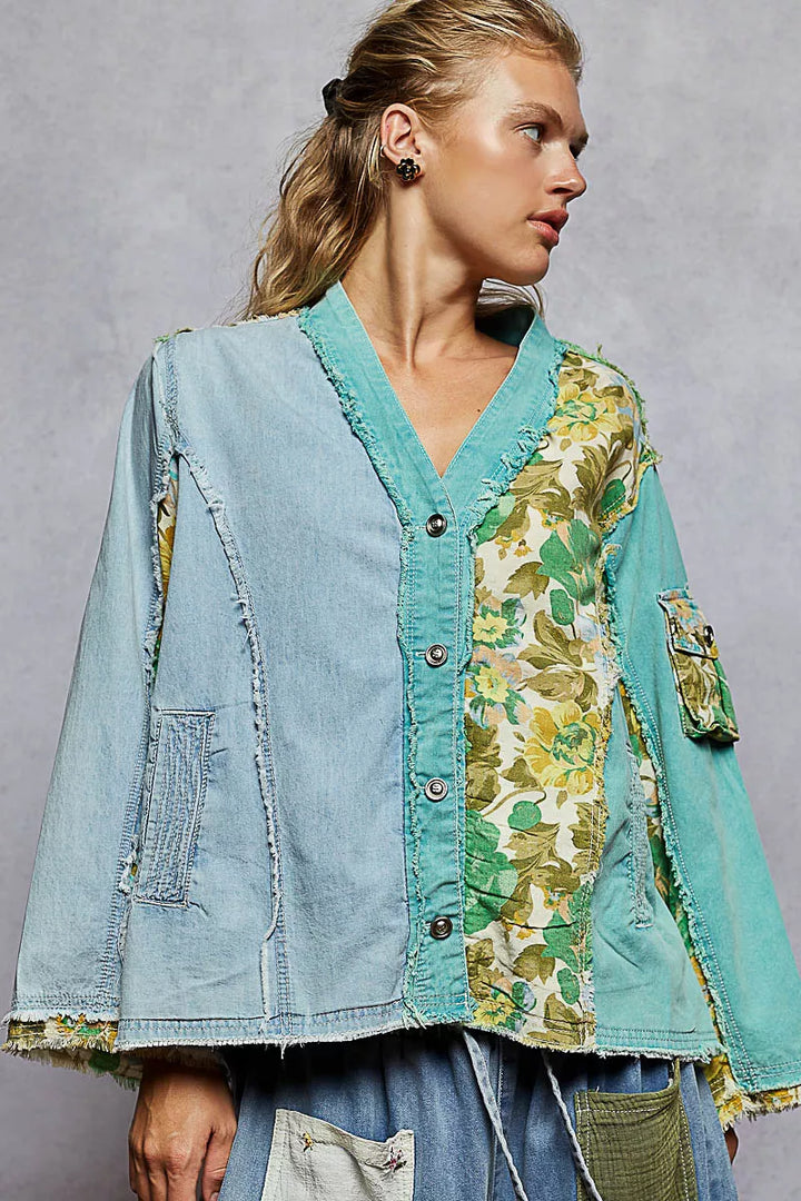 POL Button Down Floral V-Neck Long Sleeve Raw Hem Top