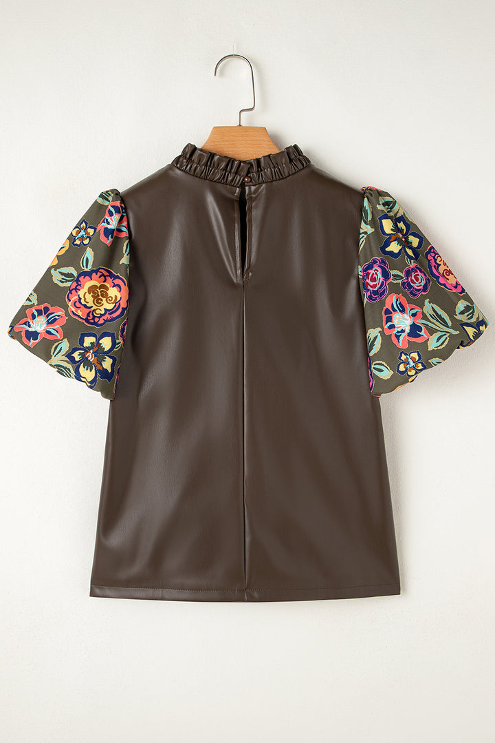 Chemisier à col rond et volants en similicuir à motif floral trèfle à quatre feuilles, manches bouffantes et patchwork