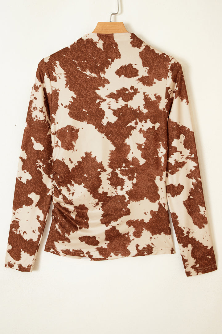 Brown Western Cow Spots Printed High Neck Sheath Long Sleeve Top