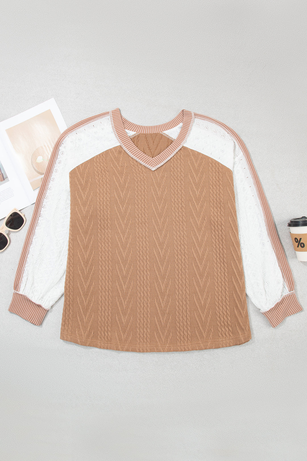 Coffee V Neck Lace Sleeve Patchwork Plus Size Blouse