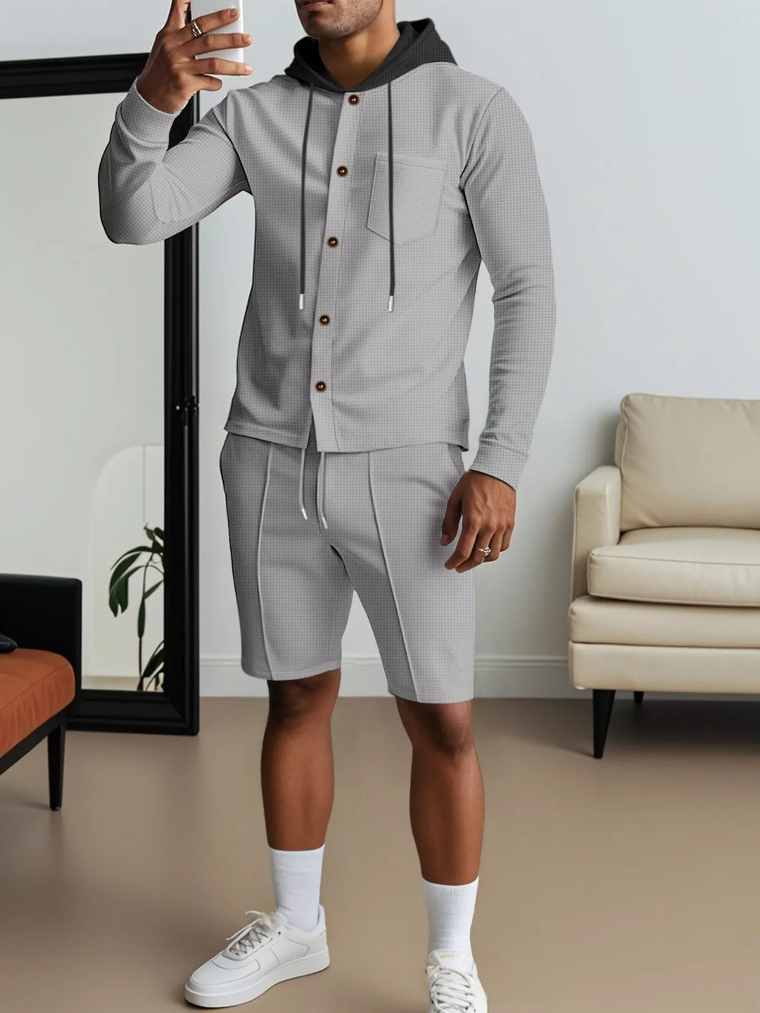 Men's Full Size Casual Hooded Button-Up Top and Shorts Set Plus Size