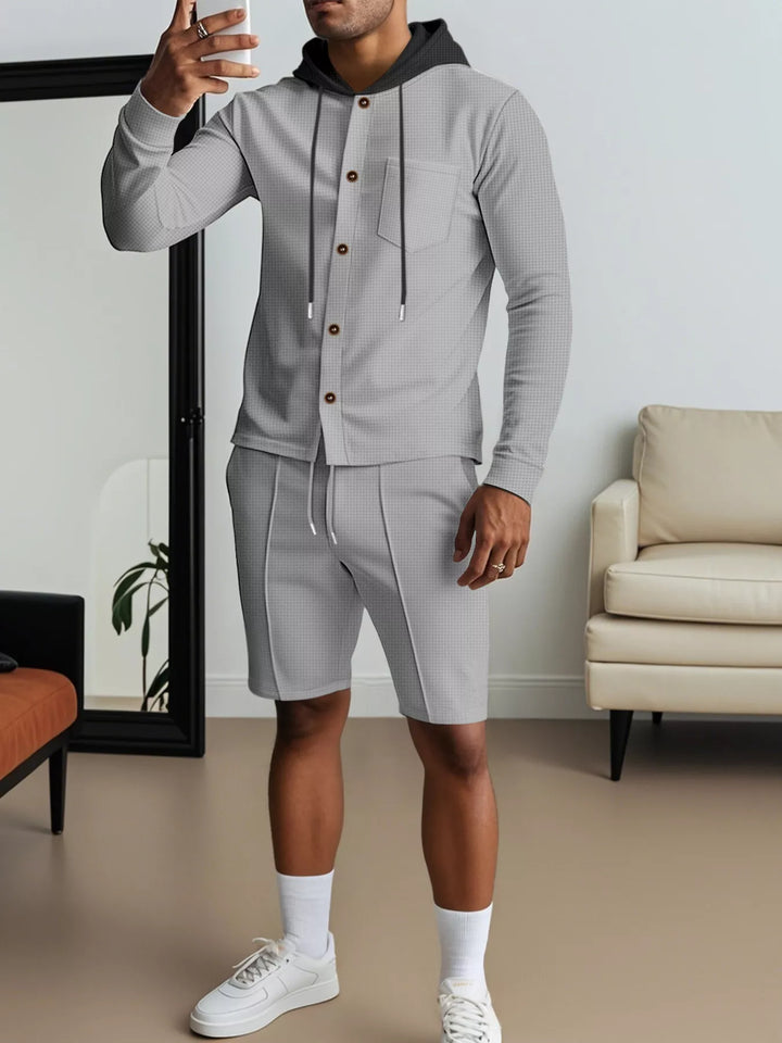 Men's Full Size Casual Hooded Button-Up Top and Shorts Set Plus Size