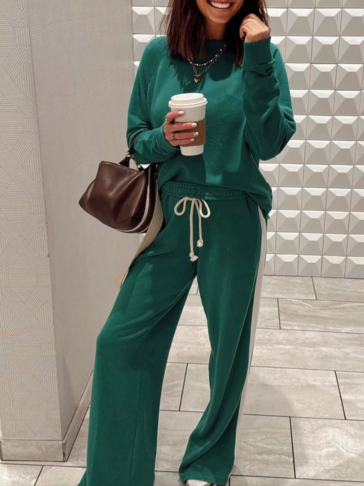 Round Neck Top and Stripe Detail Drawstring Pants Set