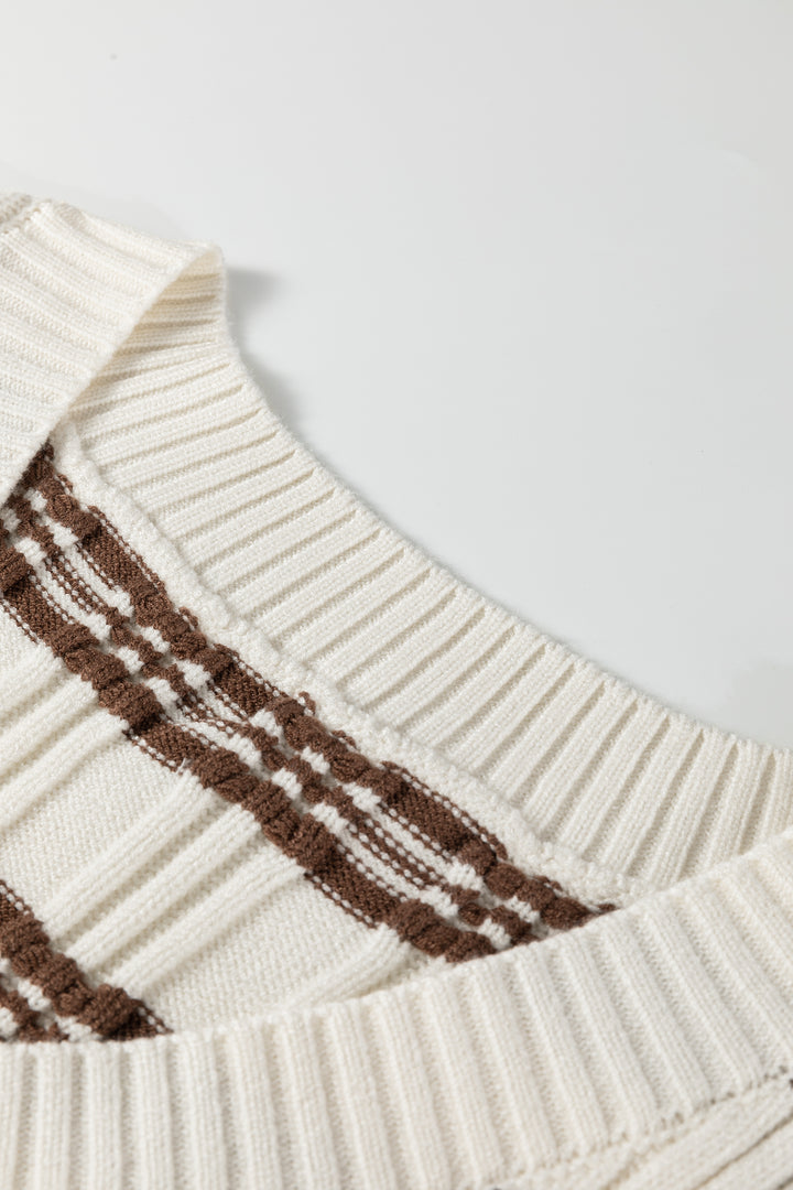 White Contrast Geometric Textured Knit V Neck Cropped Sweater Vest