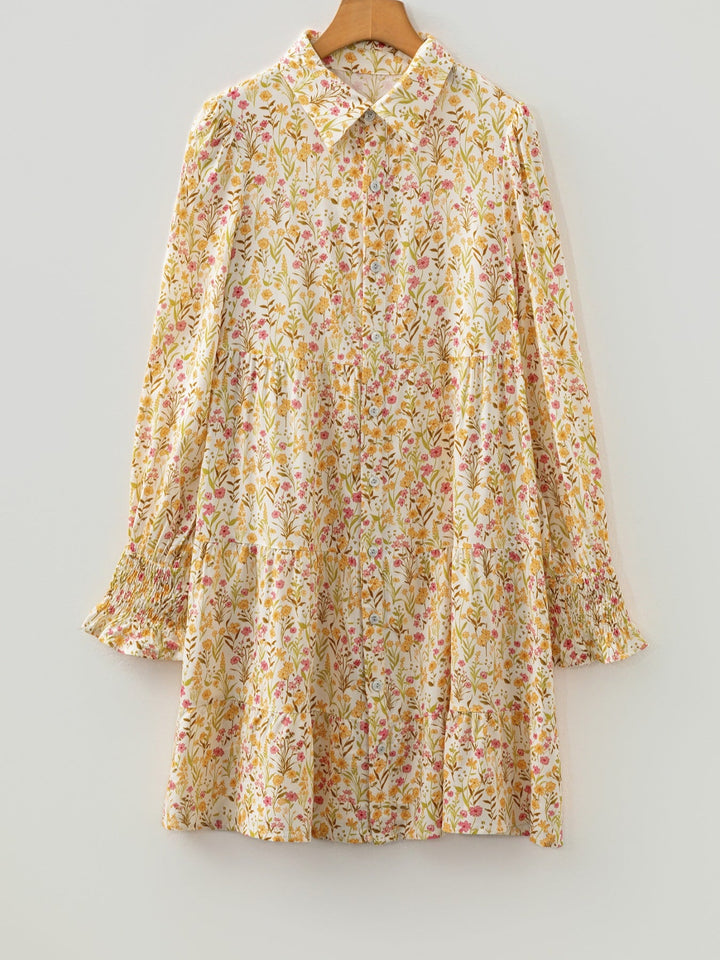 Floral Print Frilly Trim Smocked Cuff Long Sleeve Loose Shirt Dress