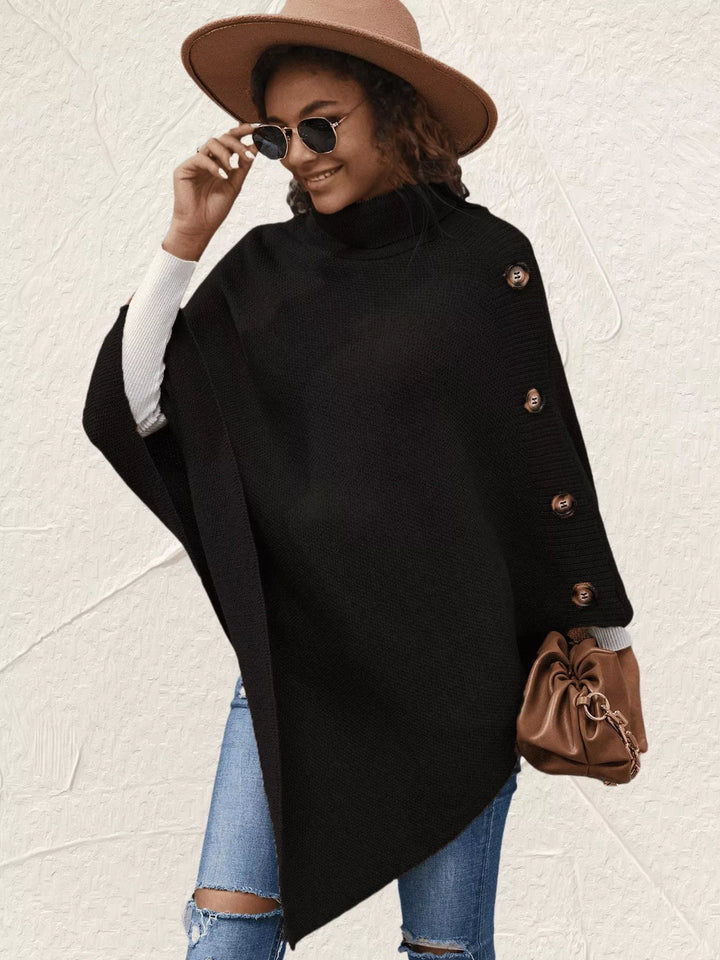 Button-Decor Turtleneck Poncho Pullover