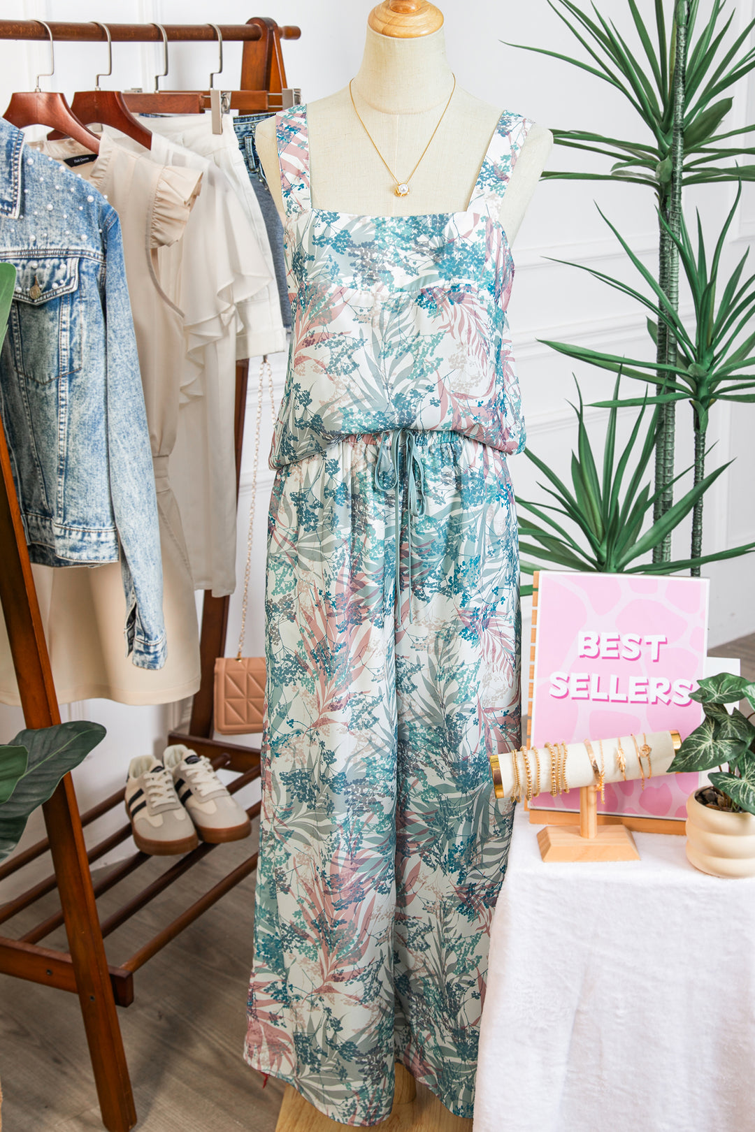 Green Tropical Palm Printed Cropped Tank Drawstring Wide Leg Pant Set