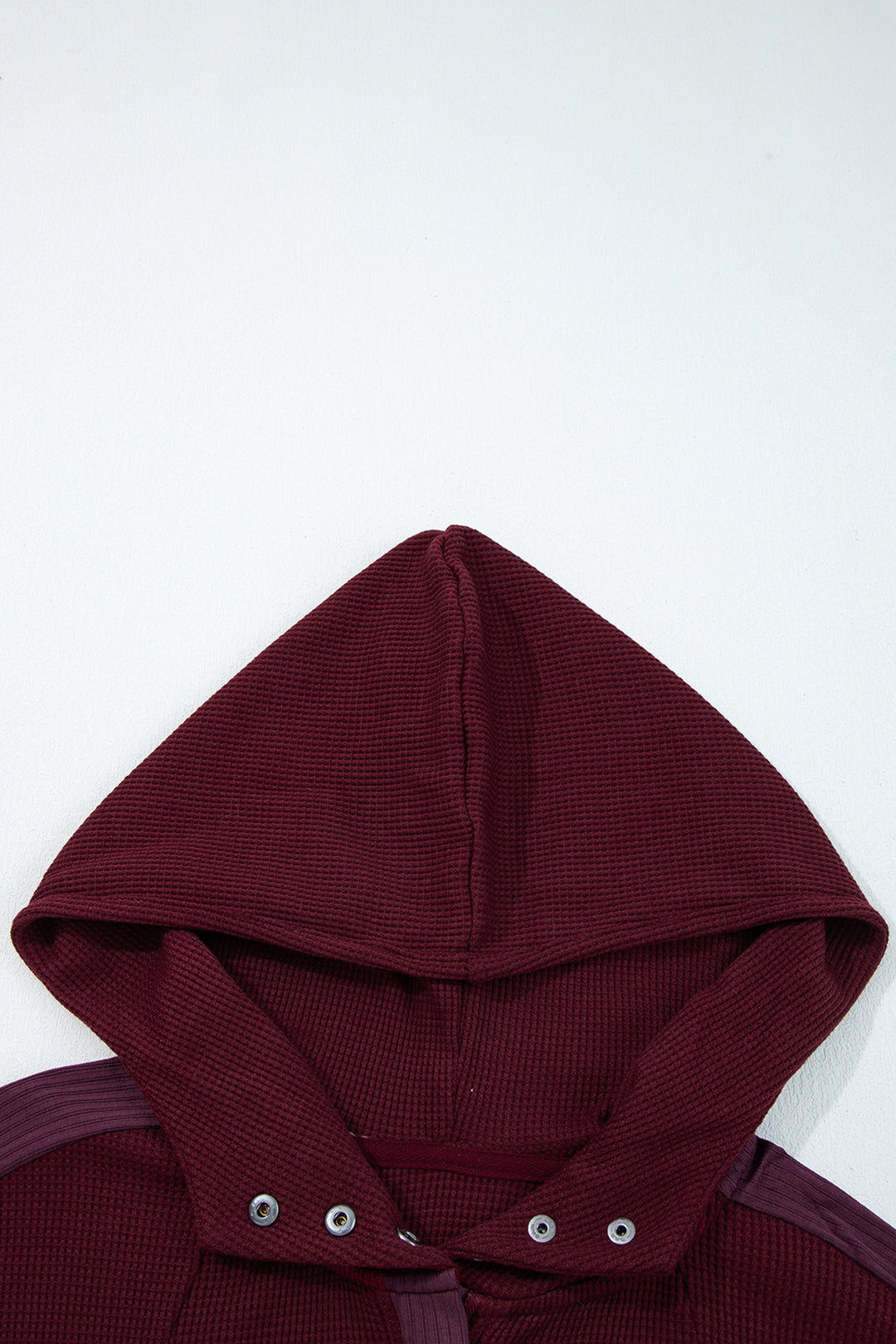 Burgundy Waffle Splicing Zip Up Front Button Hooded Jacket