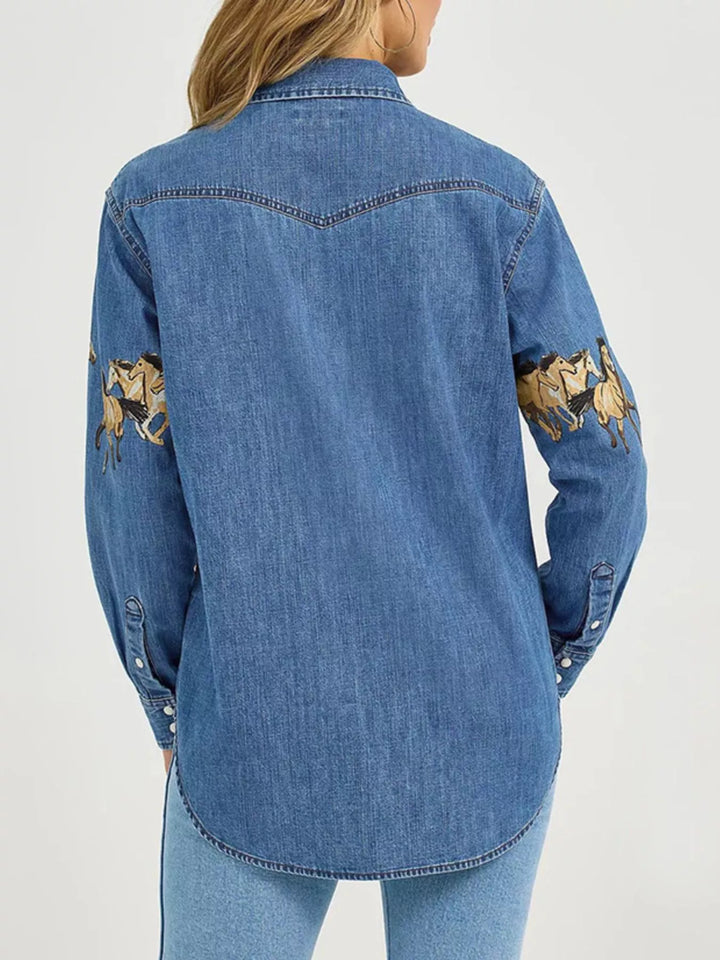 Horse Print Long Sleeve Denim Shirt