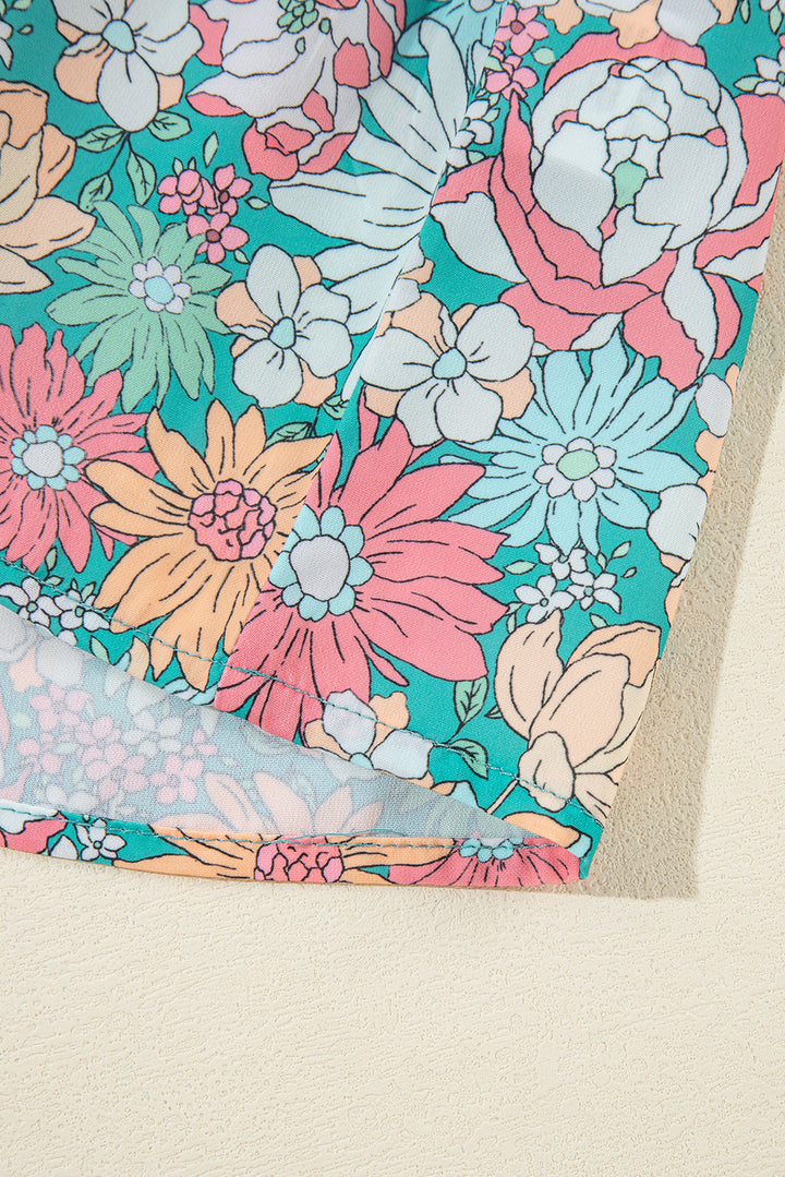 Multicolour Notched Neck Puff Short Sleeve Floral Blouse