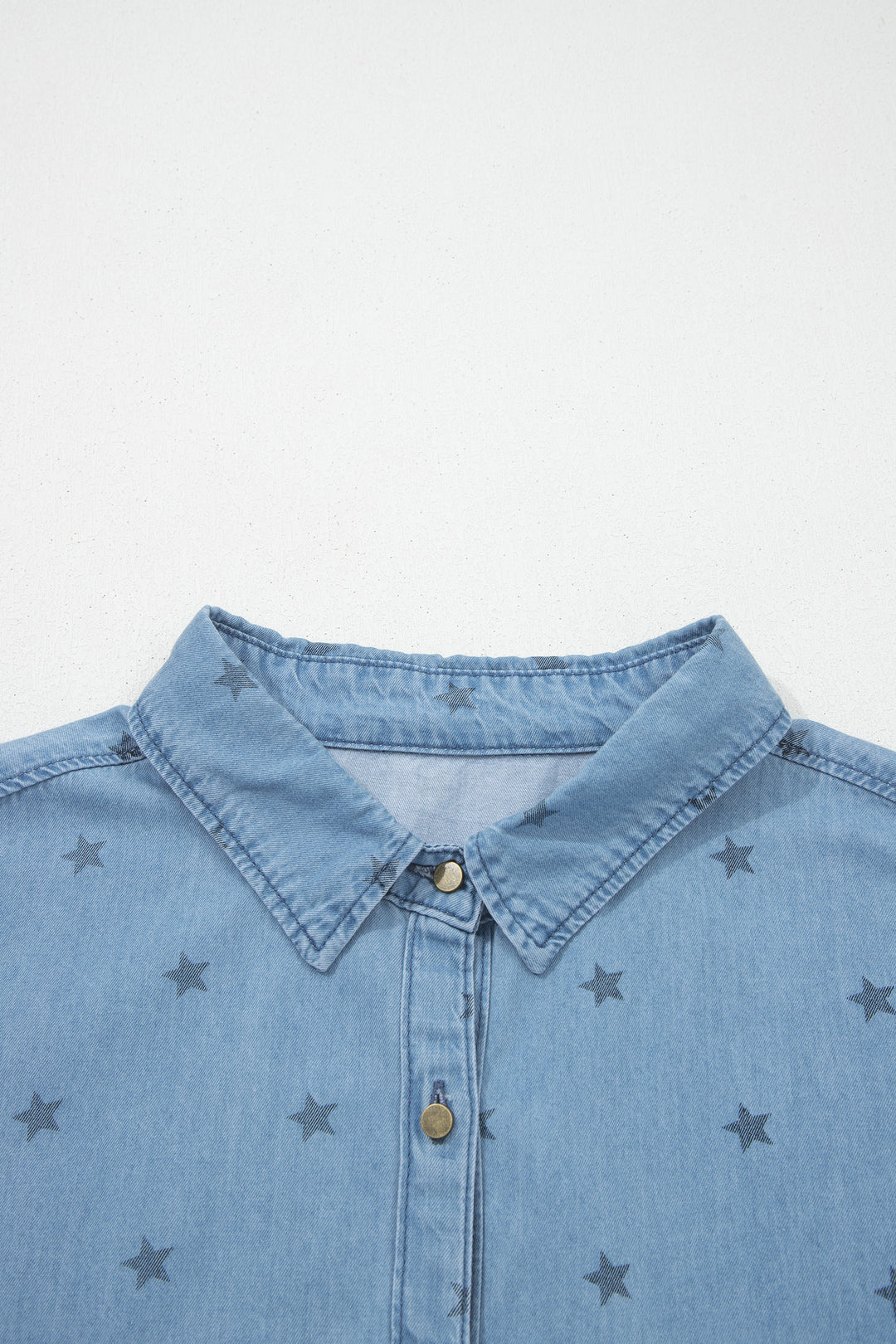Beau Blue Star Allover Print Double Chest Pocket Short Sleeve Denim Shirt