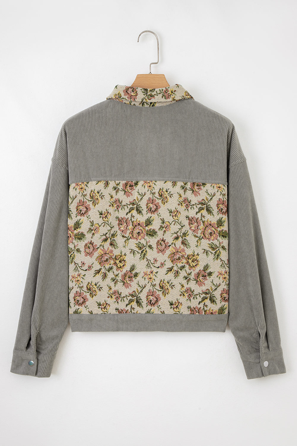 Medium Grey Ribbed Retro Floral Patchwork Shirt Style Jacket