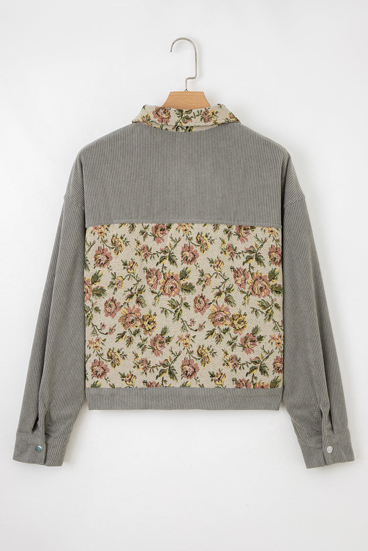 Medium Grey Ribbed Retro Floral Patchwork Shirt Style Jacket