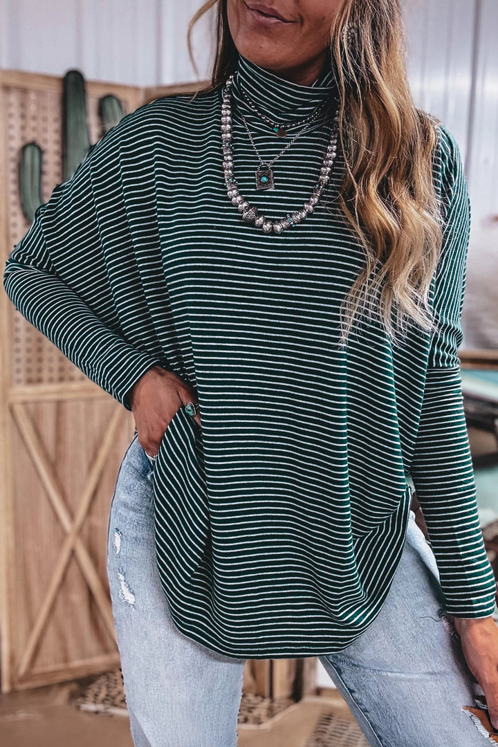 Green Stripe High Neck Dropped Shoulder Long Sleeve Casual Top