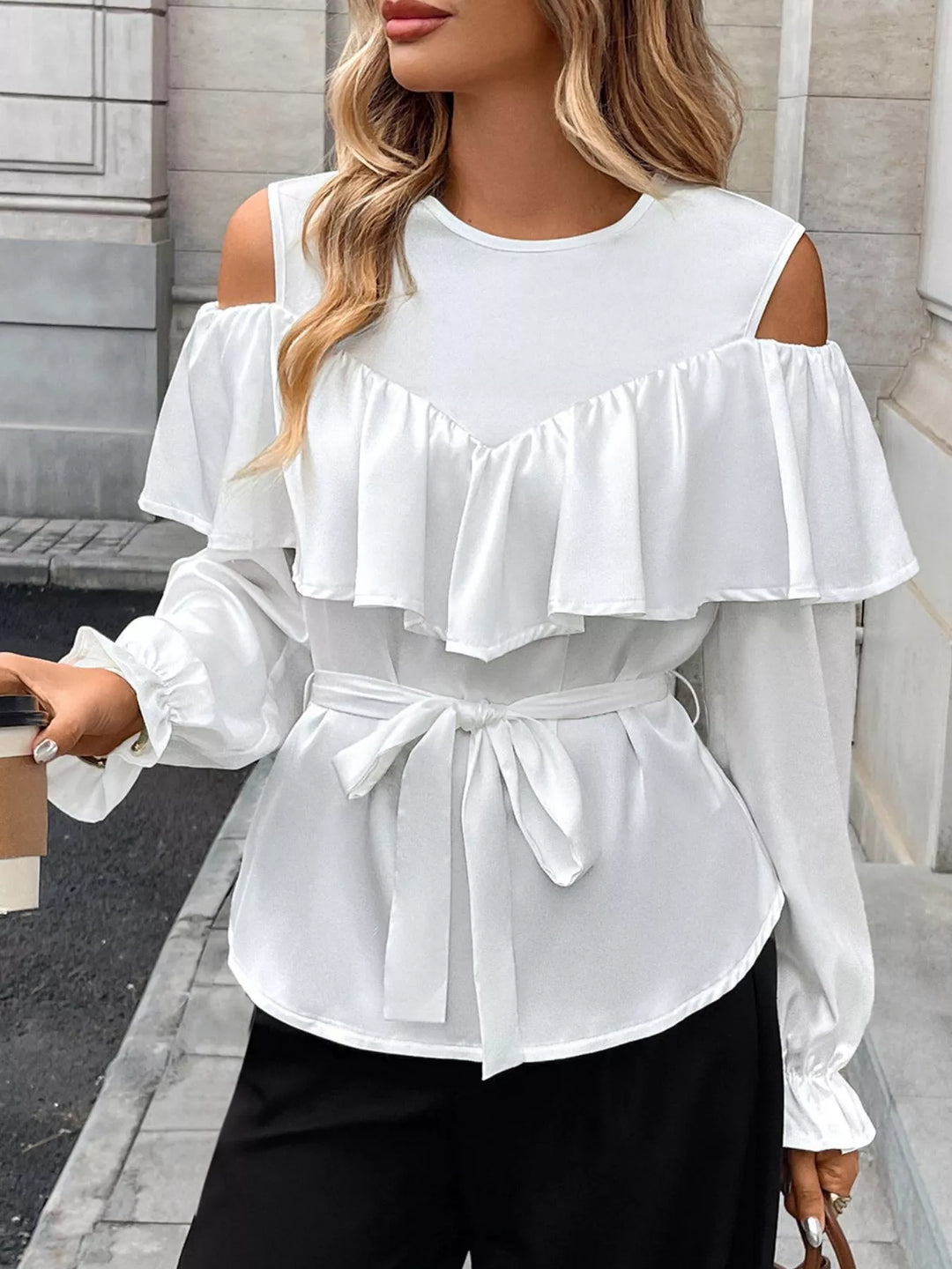 Ruffled Cold Shoulder Flounce Sleeve Blouse