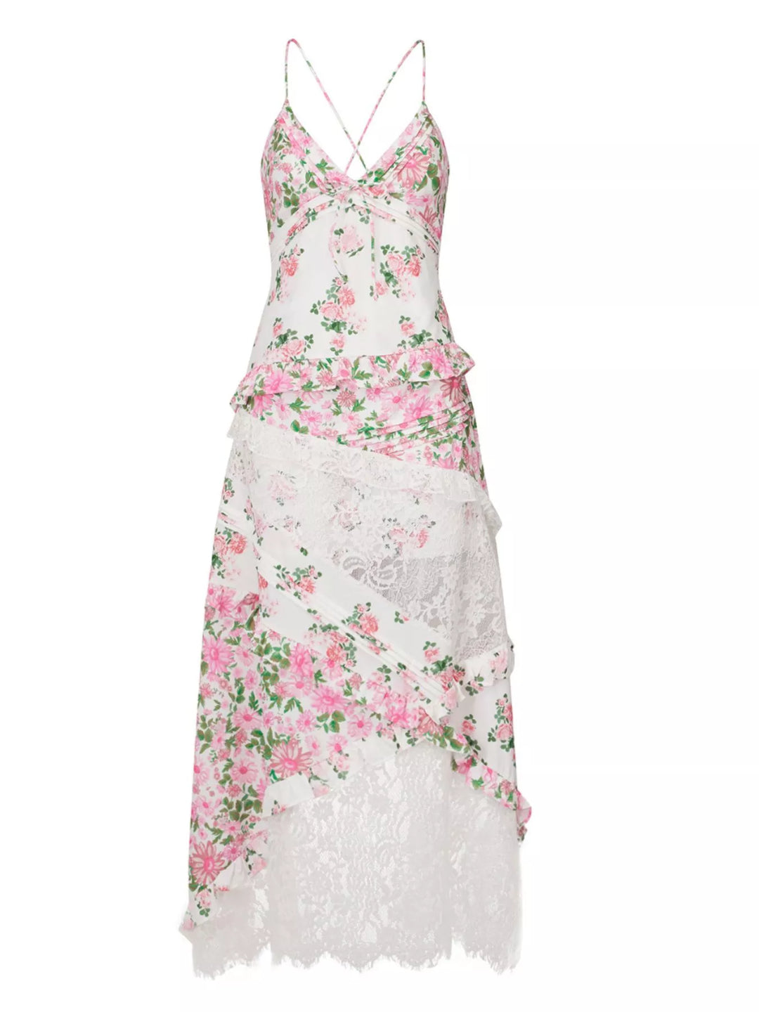 Lace Floral Print Ruffle Trim Maxi Dress