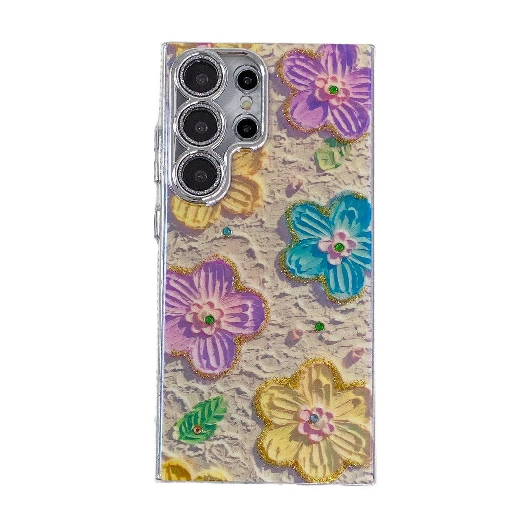 Luxury Rhinestone Oil Painting Flower Phone Case Lens Fine Hole All Inclusive