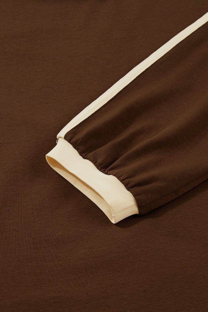 Dark Brown Varsity Striped Accent Contrast Crew Neck Long Sleeve T Shirt