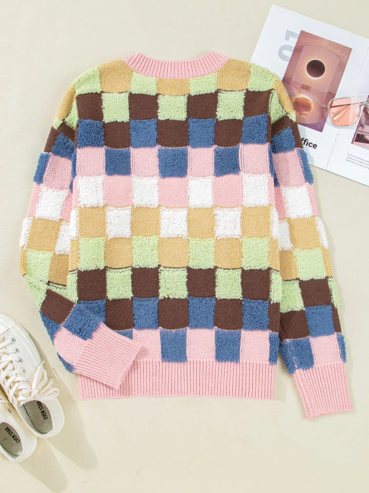 Checkered Pattern Button Front Cardigan