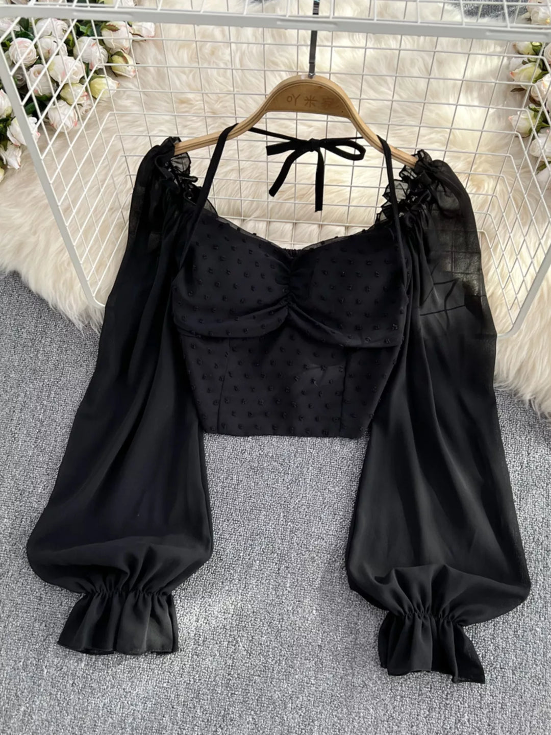 Swiss Dot Flounce Sleeve Blouse