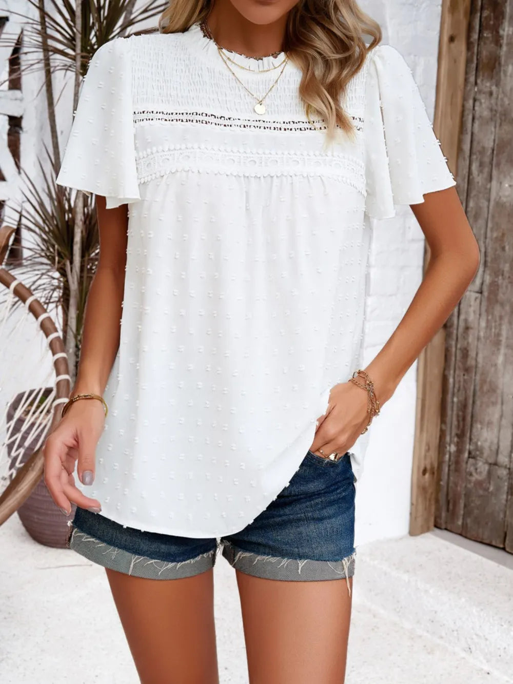 Devine Swiss Dot Smocked Round Neck Short Sleeve Blouse