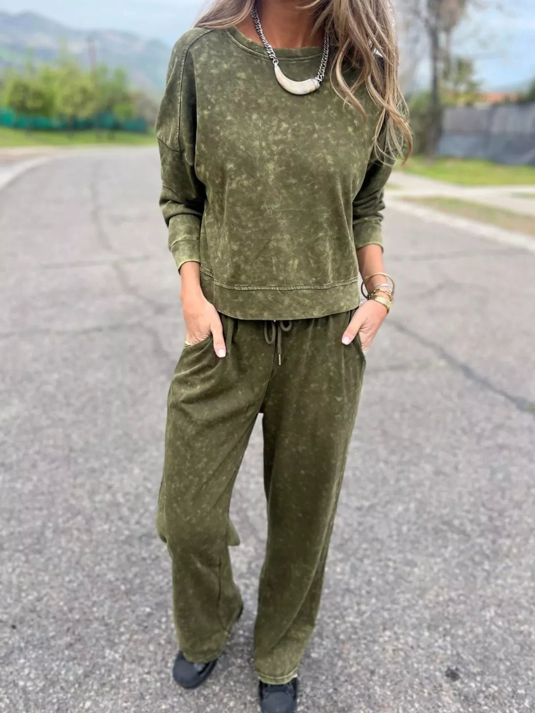Full Size Washed Round Neck Top and Drawstring Pants Set Plus Size