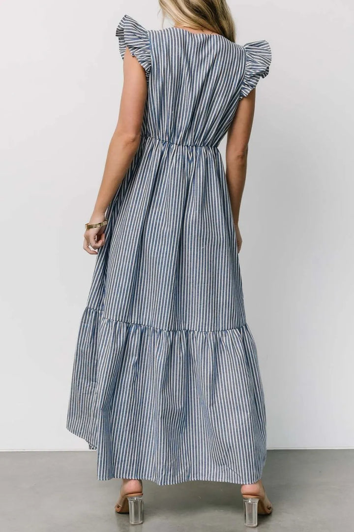 Slit Striped V-Neck Ruffled Cap Sleeve Dress