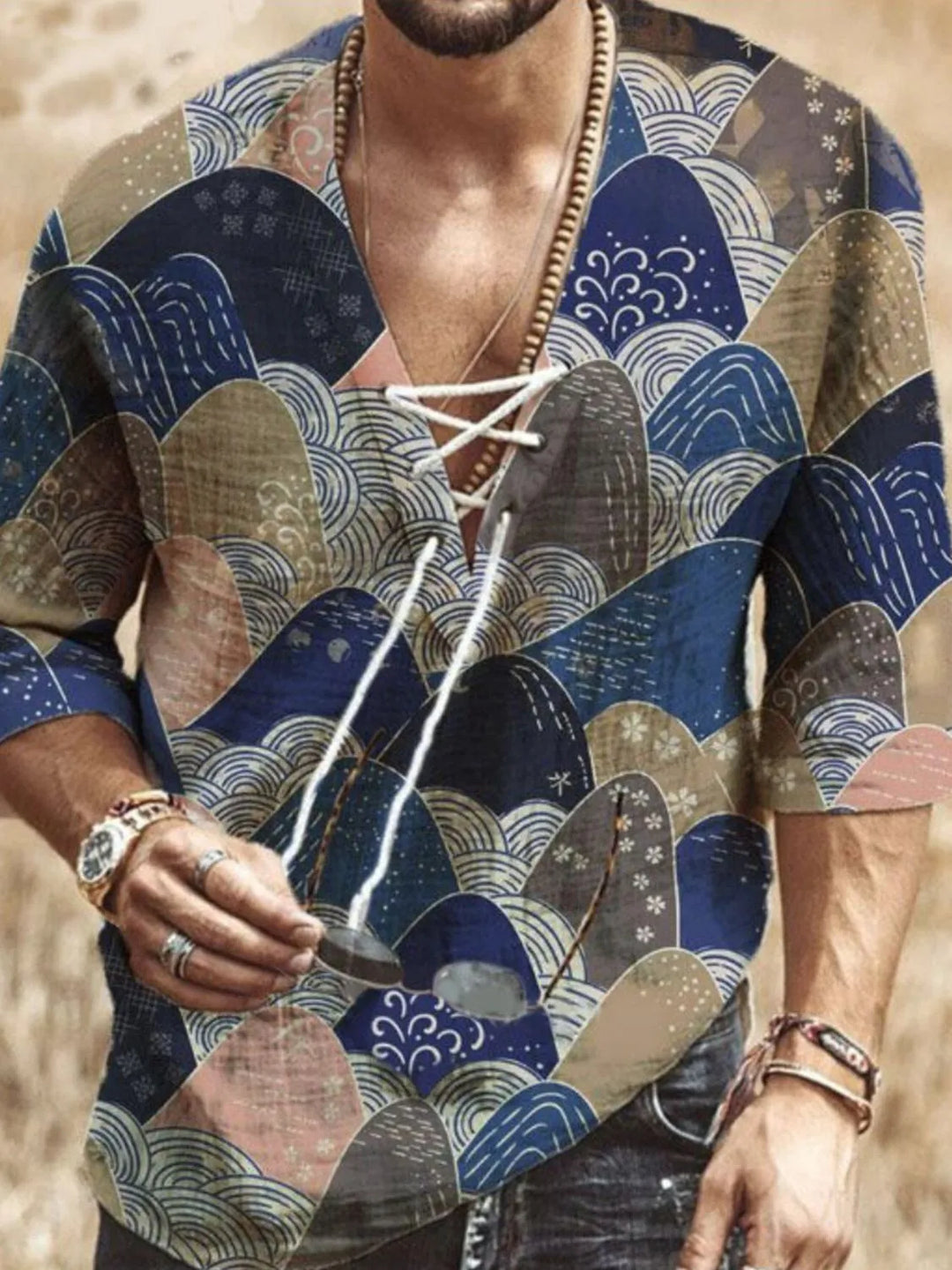 Men's Full Size Printed Lace Up Blouse Plus Size
