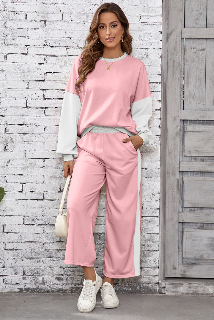 Light Pink 2pcs Color Block Pullover Loose Pant Set