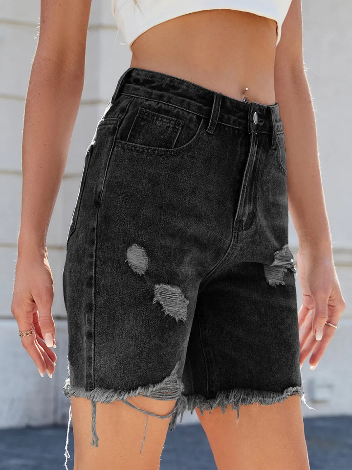 Distressed Raw Hem Denim Shorts