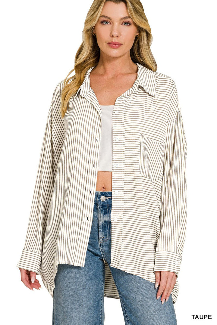 Zenana Woven Stripe Button Down Shirt