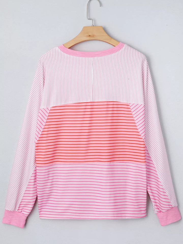 Striped Colorblock Exposed Seam Casual Long Sleeve Top
