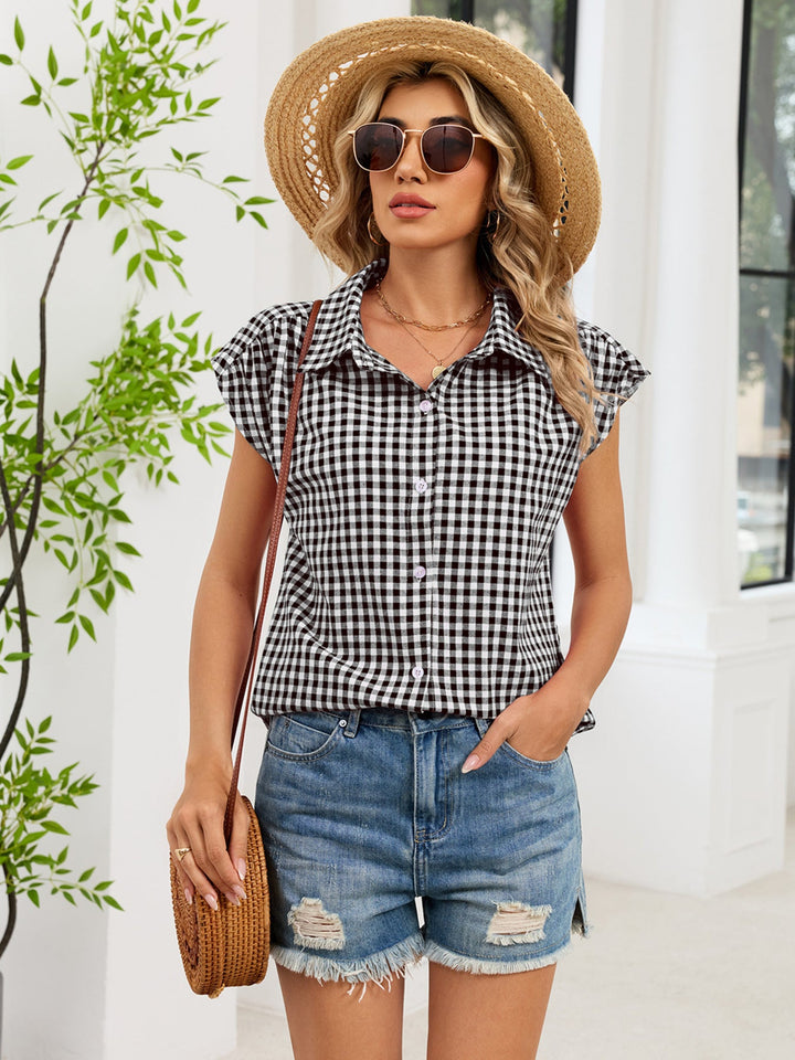 Plaid Button Up Cap Sleeve Shirt
