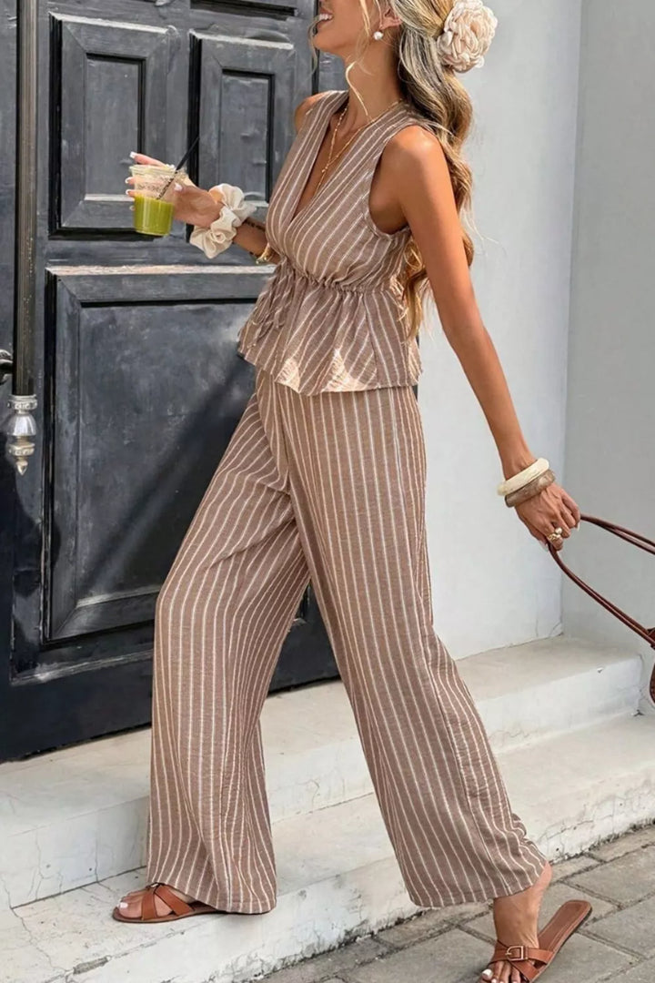 Striped Sleeveless Top and Wide Leg Pants Set