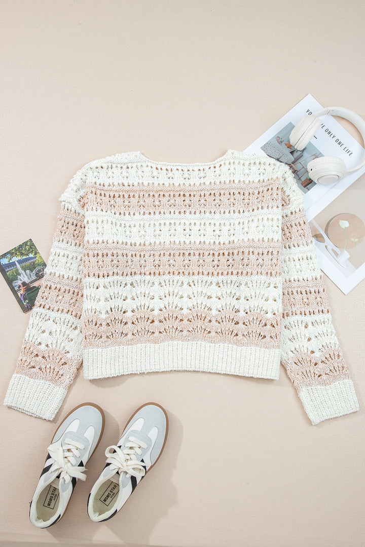Pink Hollow-out Colorblock Drop Shoulder Casual Sweater