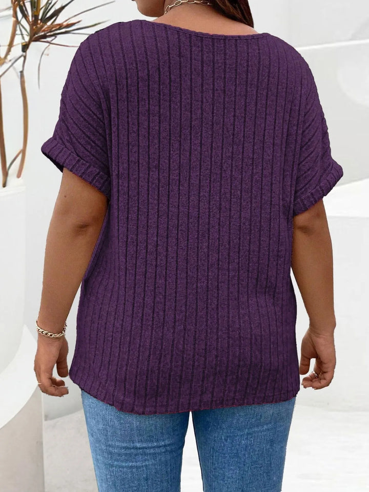 Plus Size Ribbed Half Zip Relaxed Fit T-Shirt