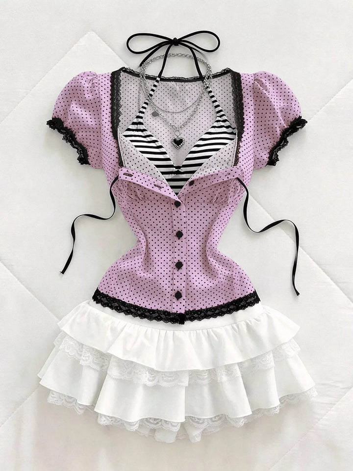 Polka Dot Lace Trim Puff Sleeve Top
