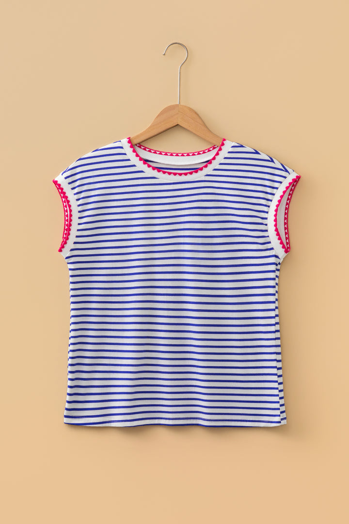 Blue Stripe Contrast Trim Round Neck Cap Sleeve Tee