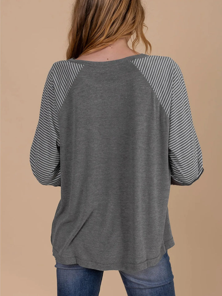 Contrast Print Striped Raglan Long Sleeve Loose Top
