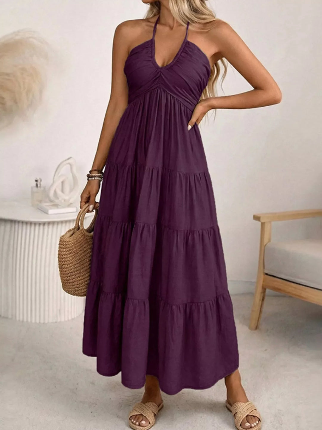 Halter Neck Tiered Midi Dress
